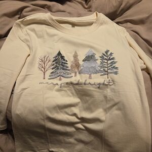 Cream 3/4  Sleeve Shirt with Festive Tree Design